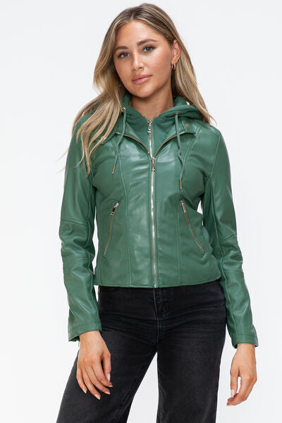 Veste à capuche en similicuir zippée avec cordon de serrage pour femme, élégante et décontractée, en cuir PU pour le streetwear