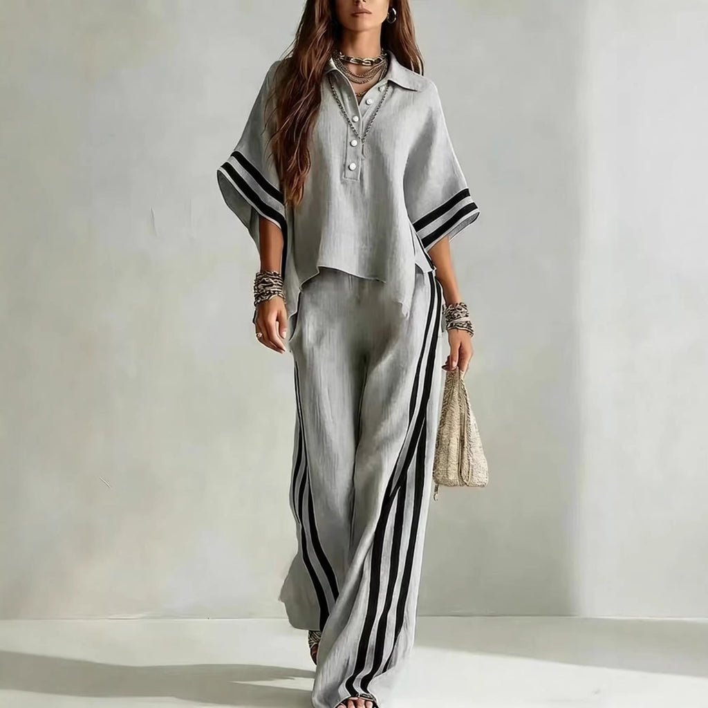 Ensemble deux pièces chemise à manches courtes et pantalon ample pour femme
