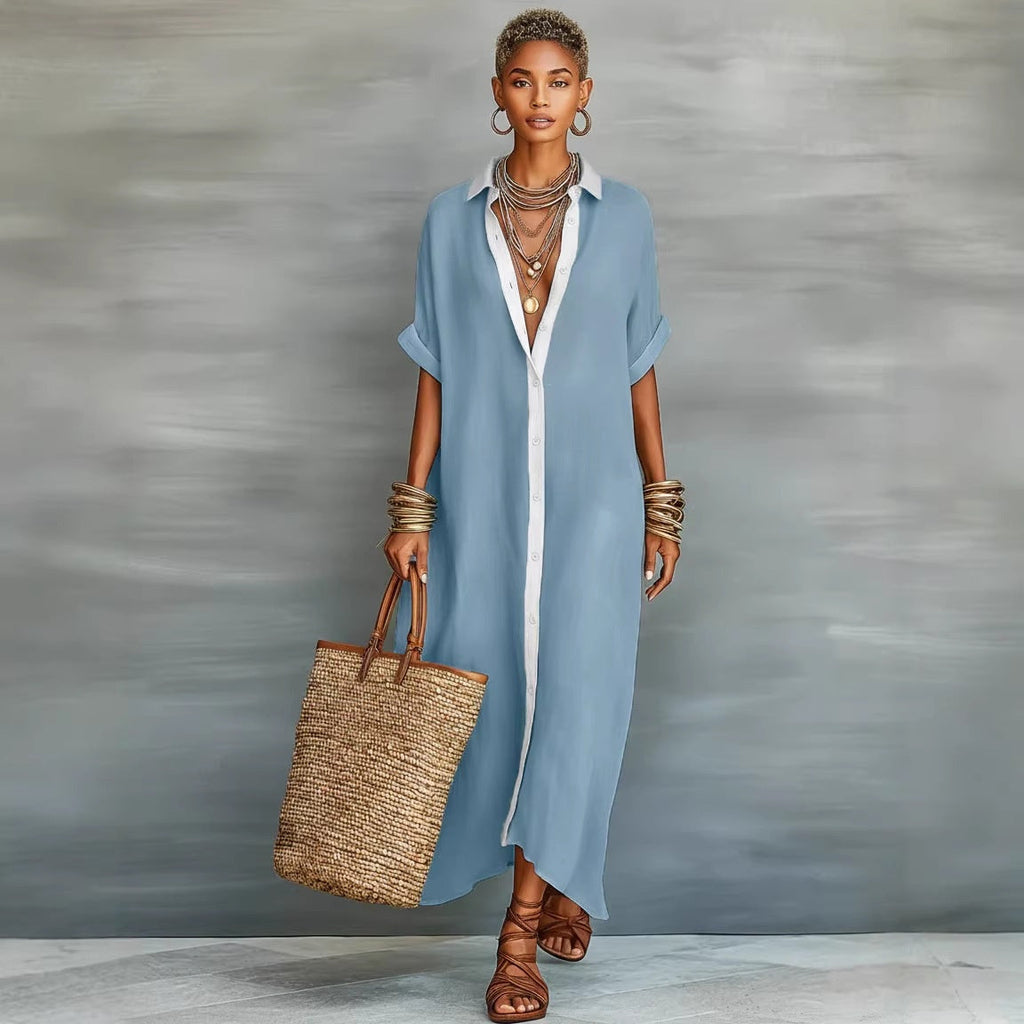 Robe longue chemise color-block – Robe longue ample boutonnée sur le devant pour femme avec col contrastant