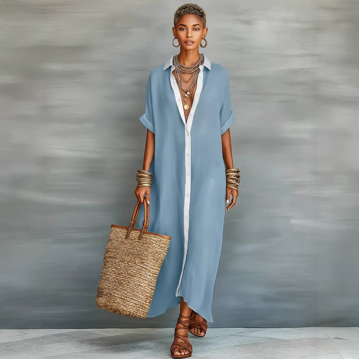 Robe longue chemise color-block – Robe longue ample boutonnée sur le devant pour femme avec col contrastant