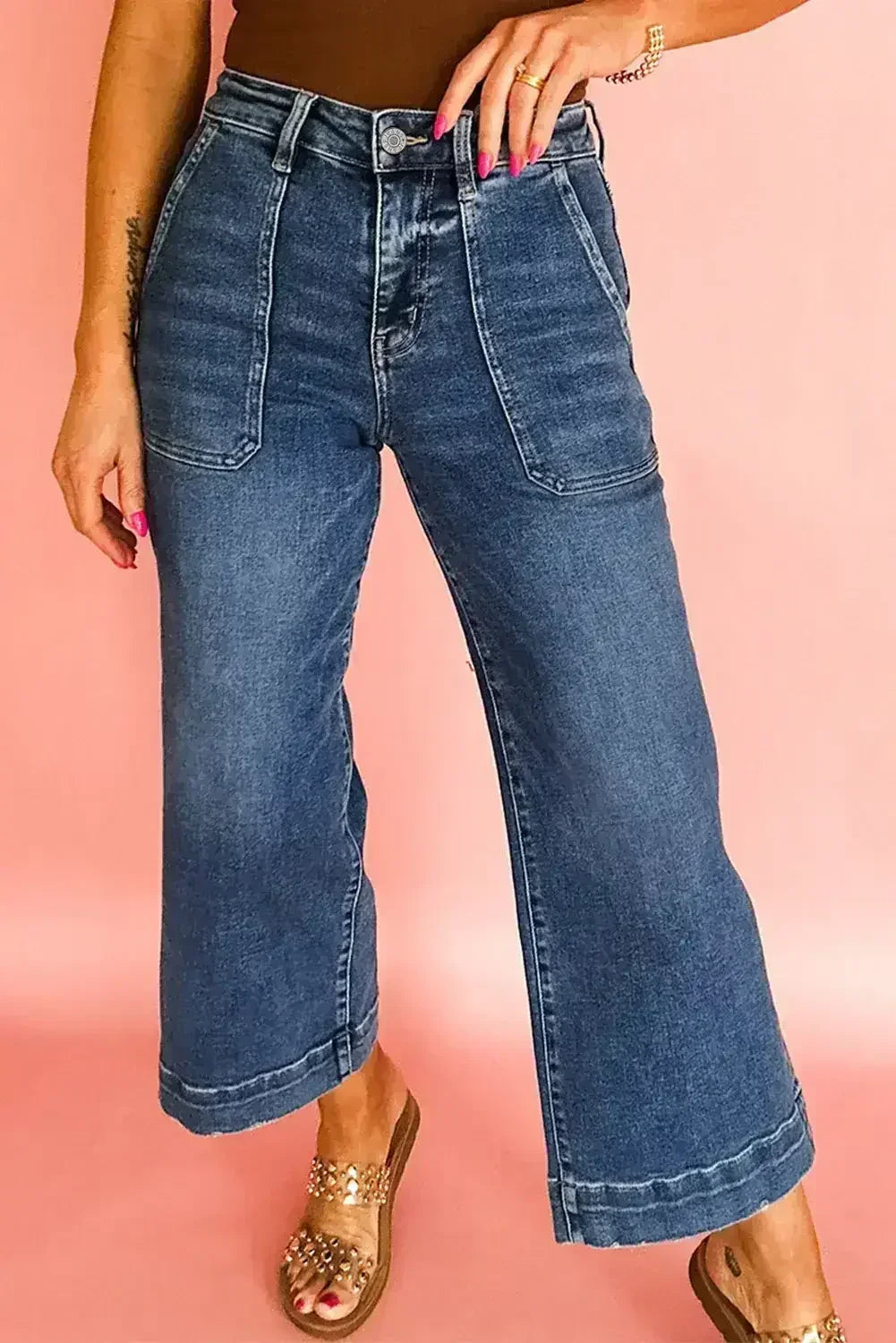 Jean court taille haute large Ashleigh Bleu