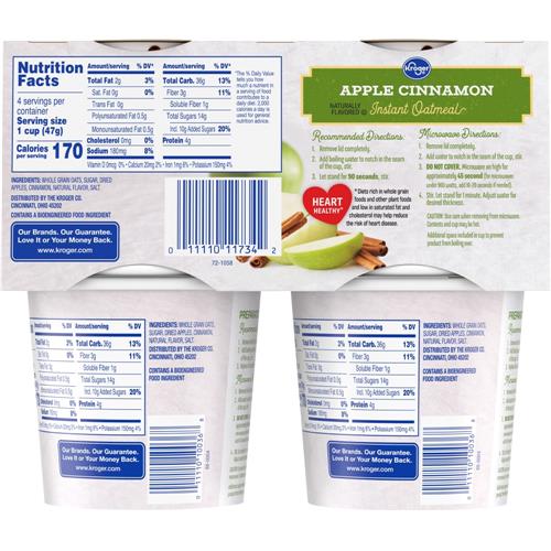 Coupes de gruau instantané pomme cannelle Kroger, 4 unités