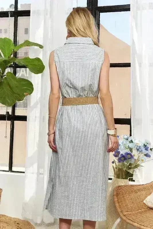 Robe boutonnée ADORA à rayures – Coton midi sans manches