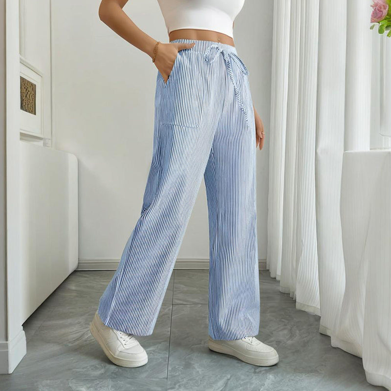 Pantalon long décontracté à rayures, coupe droite et large, avec poches pour femmes