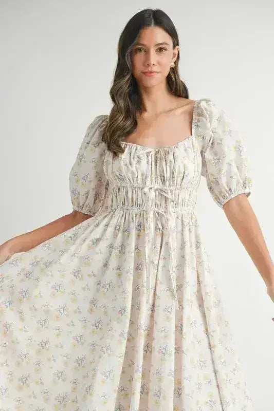 Robe midi MABLE à manches bouffantes avec cordon de serrage et motif floral