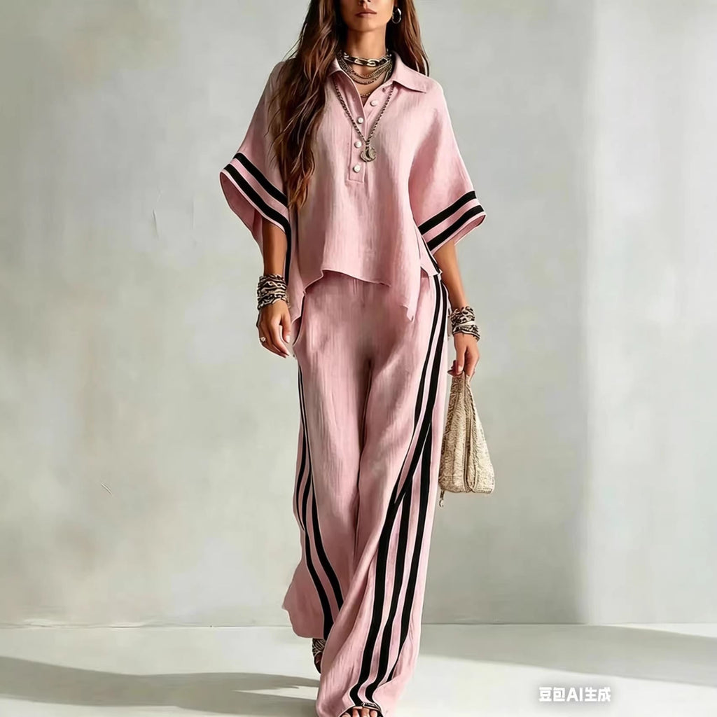 Ensemble deux pièces chemise à manches courtes et pantalon ample pour femme