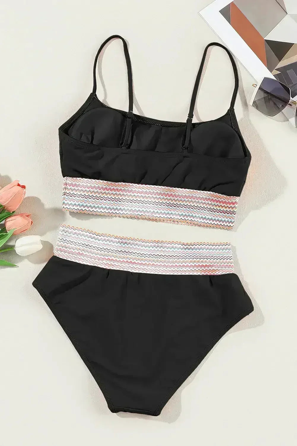 Ensemble bikini taille haute à fines bretelles patchwork rayé rose