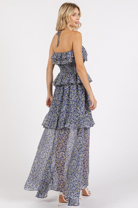 Robe longue d'été fleurie à volants et dos nu – Robe longue fleurie féminine et élégante avec taille smockée