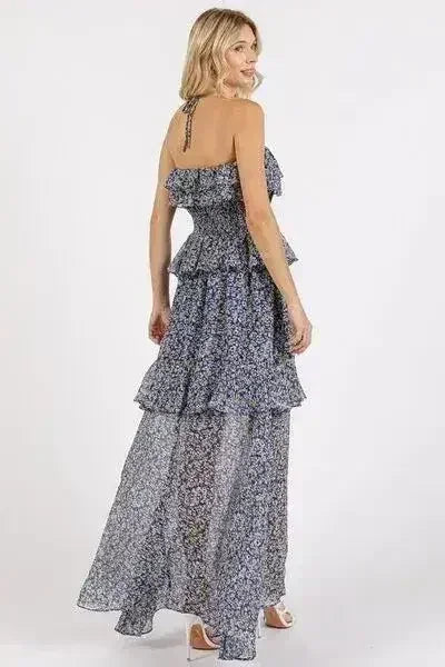 Robe longue à fleurs froncée et à col bénitier Mittoshop
