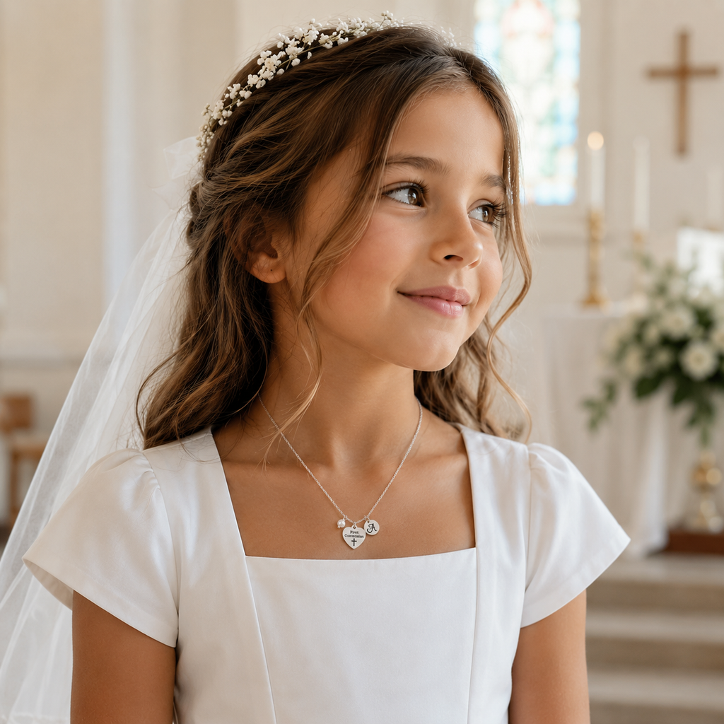 Collier de première communion – Argent sterling avec perle, initiale et breloque cœur en acier inoxydable