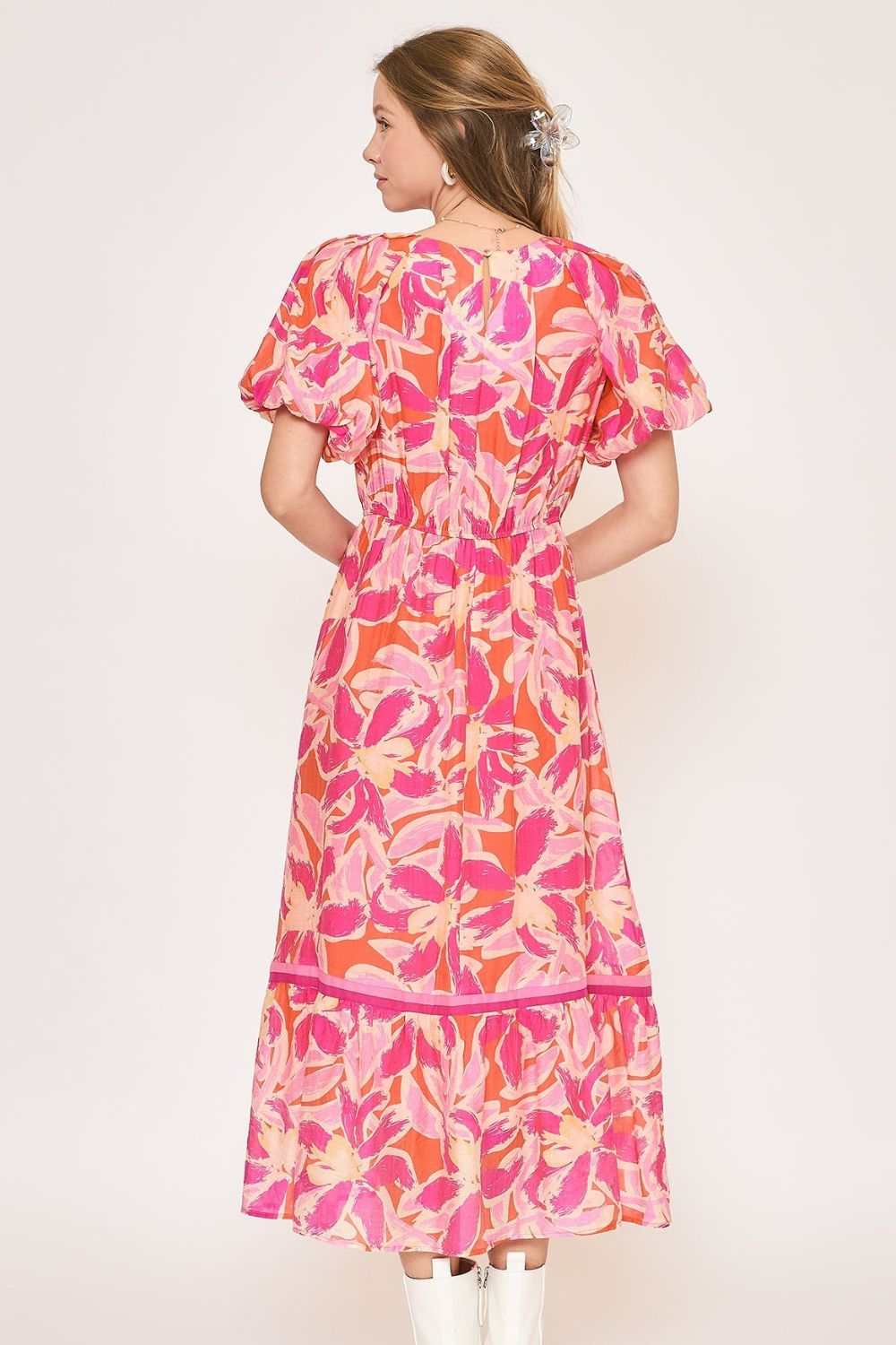 Nouvelle robe mi-longue d'été à manches bouffantes et encoche florale pour femmes – Robe mi-longue fluide et élégante à imprimé floral avec encolure à encoche tendance et manches bouffantes