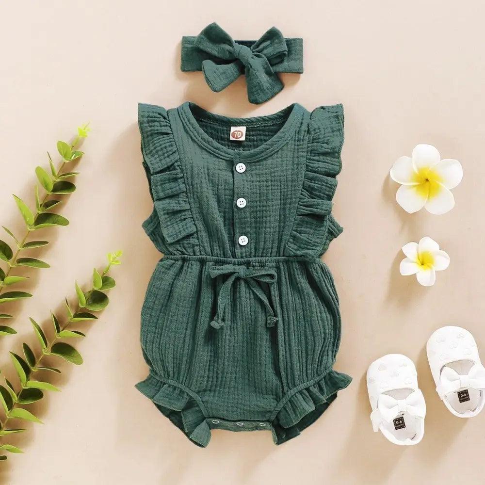 Combinaison 2 pièces d'été pour nouveau-né, barboteuse et bandeau à volants sans manches pour bébés filles - Vêtements de bébé fille barboteuse à volants