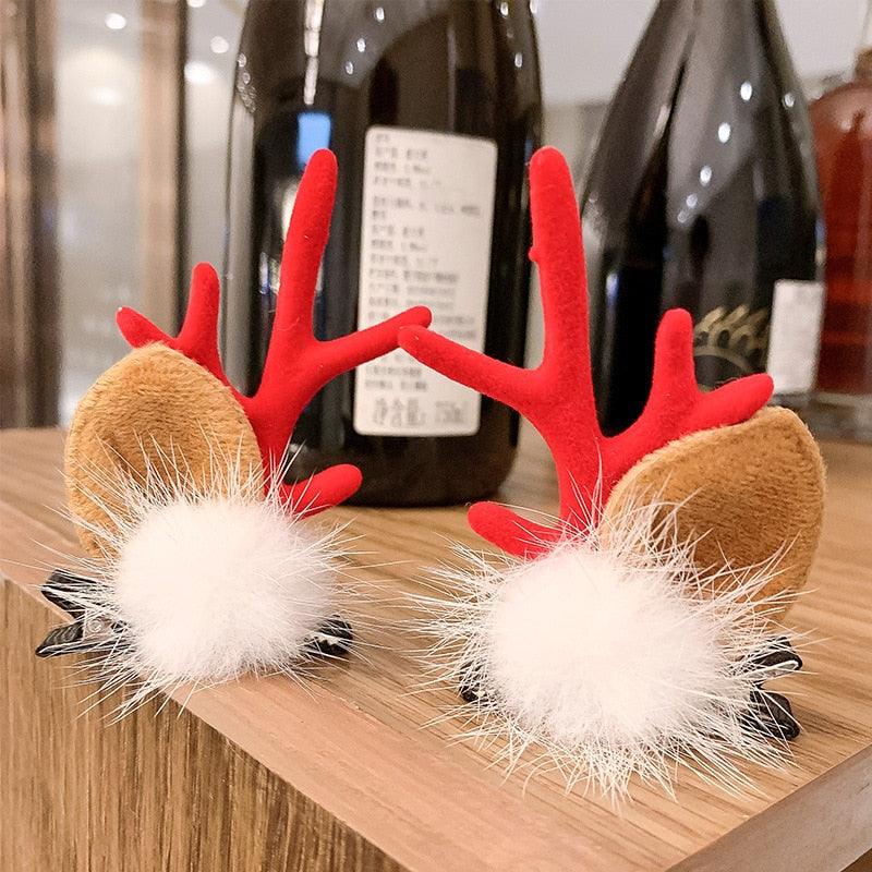 2 pinces à cheveux oreilles de cerf mignonnes pour Noël, pinces à cheveux pour filles, barrettes à bois de dessin animé, jolies pinces à cheveux à pompons, accessoires de mode pour femmes
