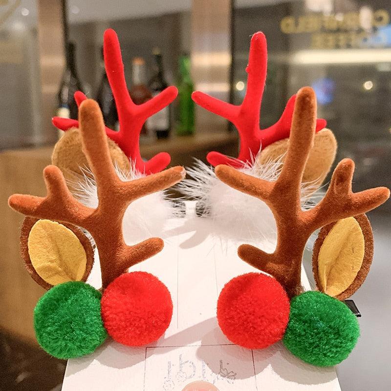 2 pinces à cheveux oreilles de cerf mignonnes pour Noël, pinces à cheveux pour filles, barrettes à bois de dessin animé, jolies pinces à cheveux à pompons, accessoires de mode pour femmes