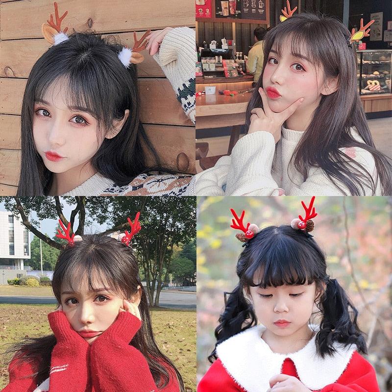 2 pinces à cheveux oreilles de cerf mignonnes pour Noël, pinces à cheveux pour filles, barrettes à bois de dessin animé, jolies pinces à cheveux à pompons, accessoires de mode pour femmes