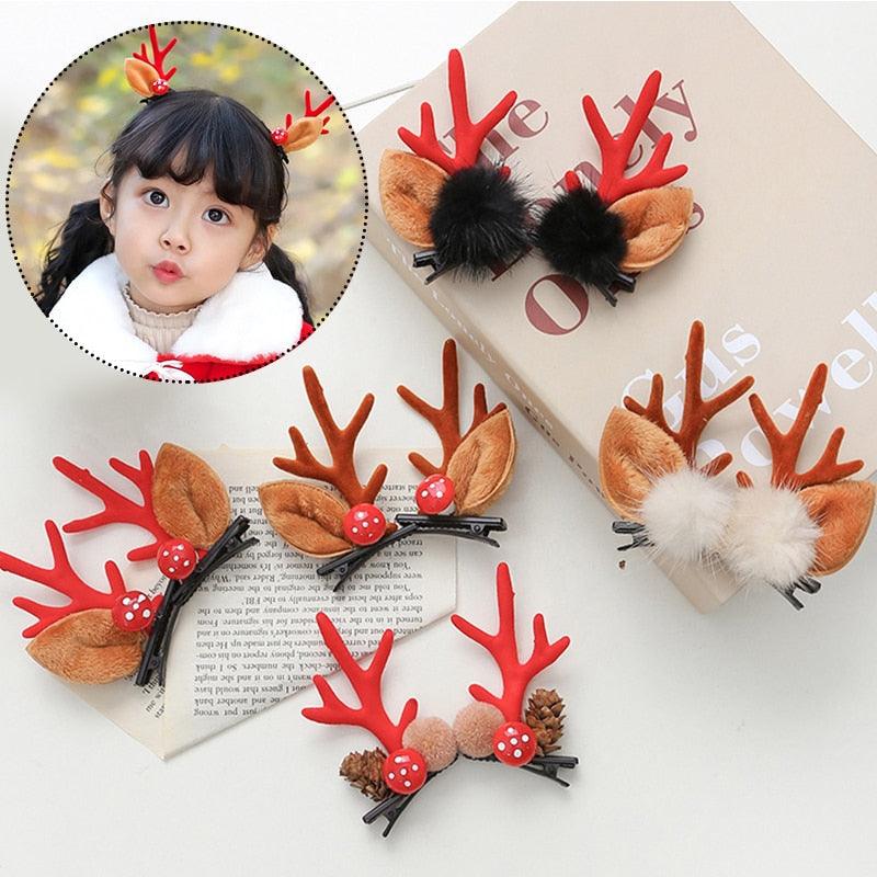 2 pinces à cheveux oreilles de cerf mignonnes pour Noël, pinces à cheveux pour filles, barrettes à bois de dessin animé, jolies pinces à cheveux à pompons, accessoires de mode pour femmes