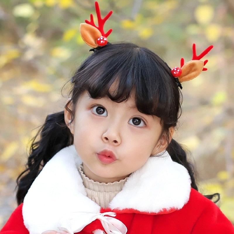2 pinces à cheveux oreilles de cerf mignonnes pour Noël, pinces à cheveux pour filles, barrettes à bois de dessin animé, jolies pinces à cheveux à pompons, accessoires de mode pour femmes