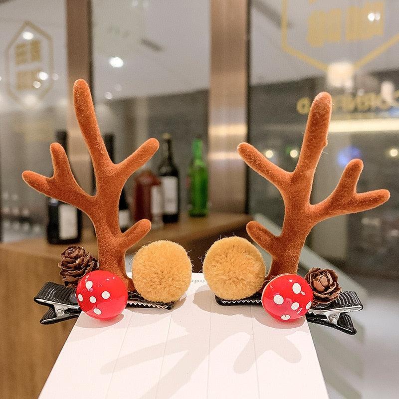 2 pinces à cheveux oreilles de cerf mignonnes pour Noël, pinces à cheveux pour filles, barrettes à bois de dessin animé, jolies pinces à cheveux à pompons, accessoires de mode pour femmes