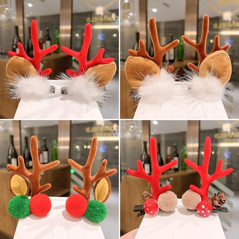 2 pinces à cheveux oreilles de cerf mignonnes pour Noël, pinces à cheveux pour filles, barrettes à bois de dessin animé, jolies pinces à cheveux à pompons, accessoires de mode pour femmes