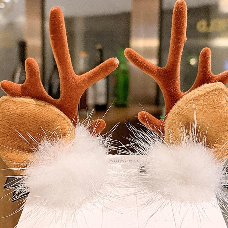 2 pinces à cheveux oreilles de cerf mignonnes pour Noël, pinces à cheveux pour filles, barrettes à bois de dessin animé, jolies pinces à cheveux à pompons, accessoires de mode pour femmes
