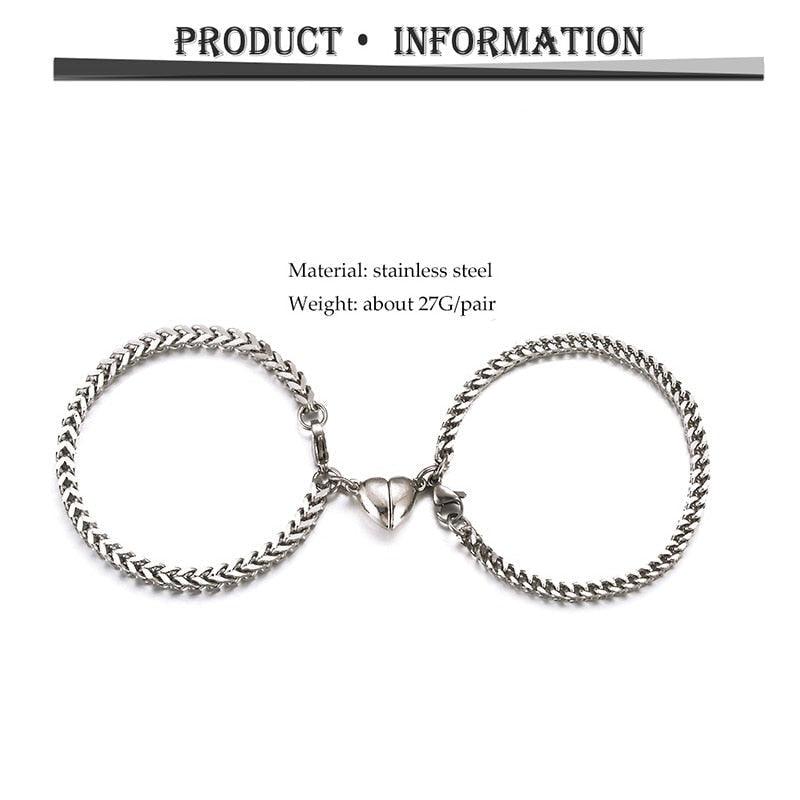 Lot de 2 bracelets magnétiques en acier inoxydable avec chaîne en acier inoxydable pour couple, homme et femme, couleur argent et or, cœurs magnétiques qui s'attirent mutuellement