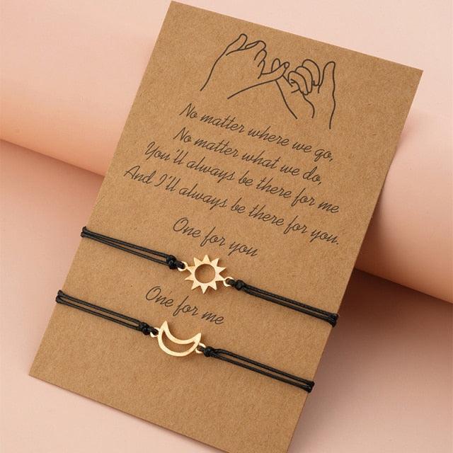 Lot de 2 bracelets de couple minimalistes avec pendentif soleil et lune, carte cadeau bijoux d'amour, bracelets en corde tressée réglables, bracelets de promesse d'amitié assortis pour meilleurs amis et couples
