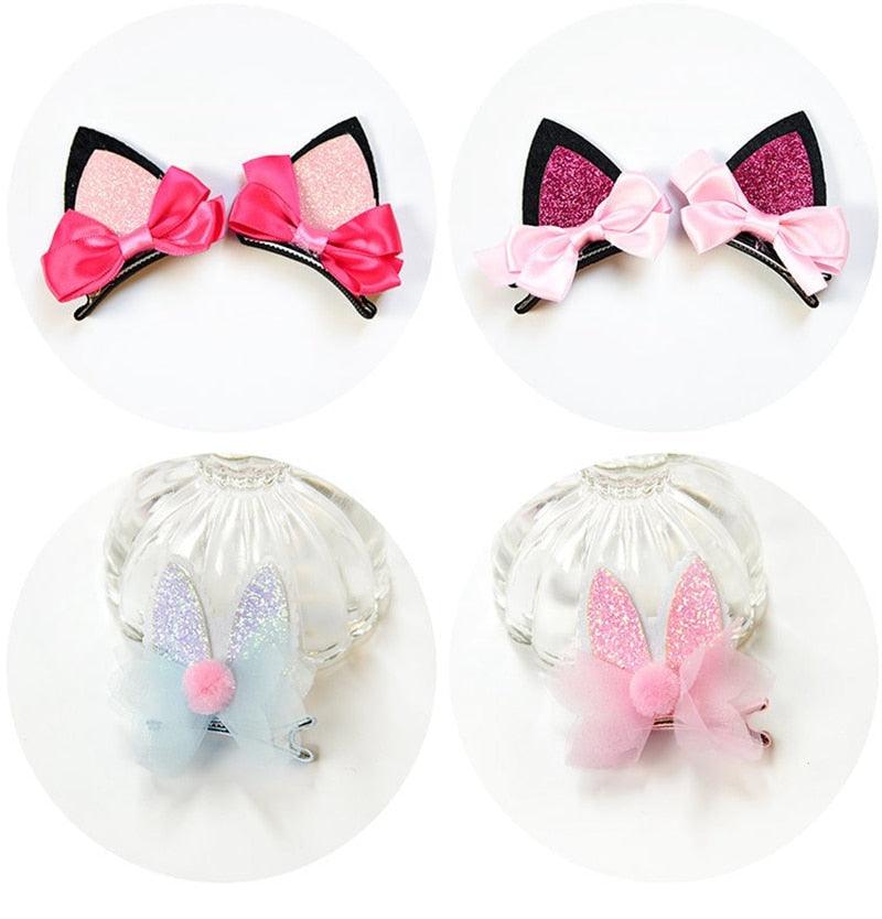 2 pièces/ensemble pinces à cheveux mignonnes pour filles, paillettes arc-en-ciel, fleurs en feutre, épingles à cheveux, oreilles de chat, barrettes en forme de lapin, accessoires pour cheveux pour enfants, pour fêtes d'Halloween, cosplay pour filles