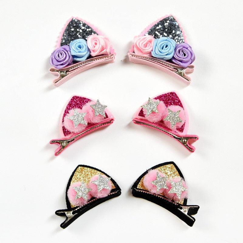2 pièces/ensemble pinces à cheveux mignonnes pour filles, paillettes arc-en-ciel, fleurs en feutre, épingles à cheveux, oreilles de chat, barrettes en forme de lapin, accessoires pour cheveux pour enfants, pour fêtes d'Halloween, cosplay pour filles
