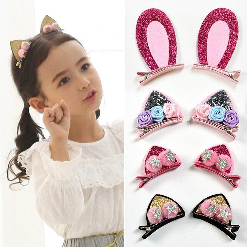 2 pièces/ensemble pinces à cheveux mignonnes pour filles, paillettes arc-en-ciel, fleurs en feutre, épingles à cheveux, oreilles de chat, barrettes en forme de lapin, accessoires pour cheveux pour enfants, pour fêtes d'Halloween, cosplay pour filles