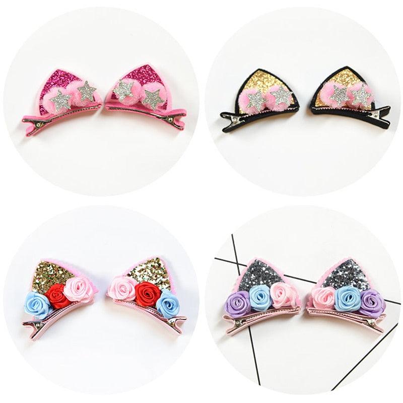 2 pièces/ensemble pinces à cheveux mignonnes pour filles, paillettes arc-en-ciel, fleurs en feutre, épingles à cheveux, oreilles de chat, barrettes en forme de lapin, accessoires pour cheveux pour enfants, pour fêtes d'Halloween, cosplay pour filles