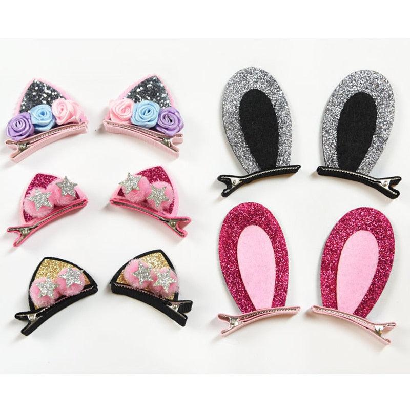 2 pièces/ensemble pinces à cheveux mignonnes pour filles, paillettes arc-en-ciel, fleurs en feutre, épingles à cheveux, oreilles de chat, barrettes en forme de lapin, accessoires pour cheveux pour enfants, pour fêtes d'Halloween, cosplay pour filles