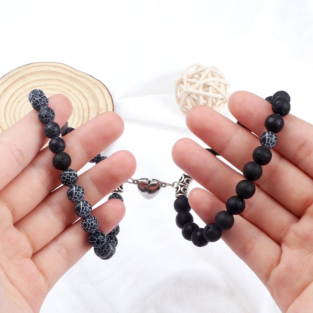 2 Pièces/Ensemble Bracelet Magnétique en Forme de Cœur pour Couples, Bijou Significant en Pierre Naturelle, Bracelet Élastique de Thérapie par Champ Magnétique pour Couples, Bracelets en Pierre Mate pour Femme, Idéal pour Petite Amie