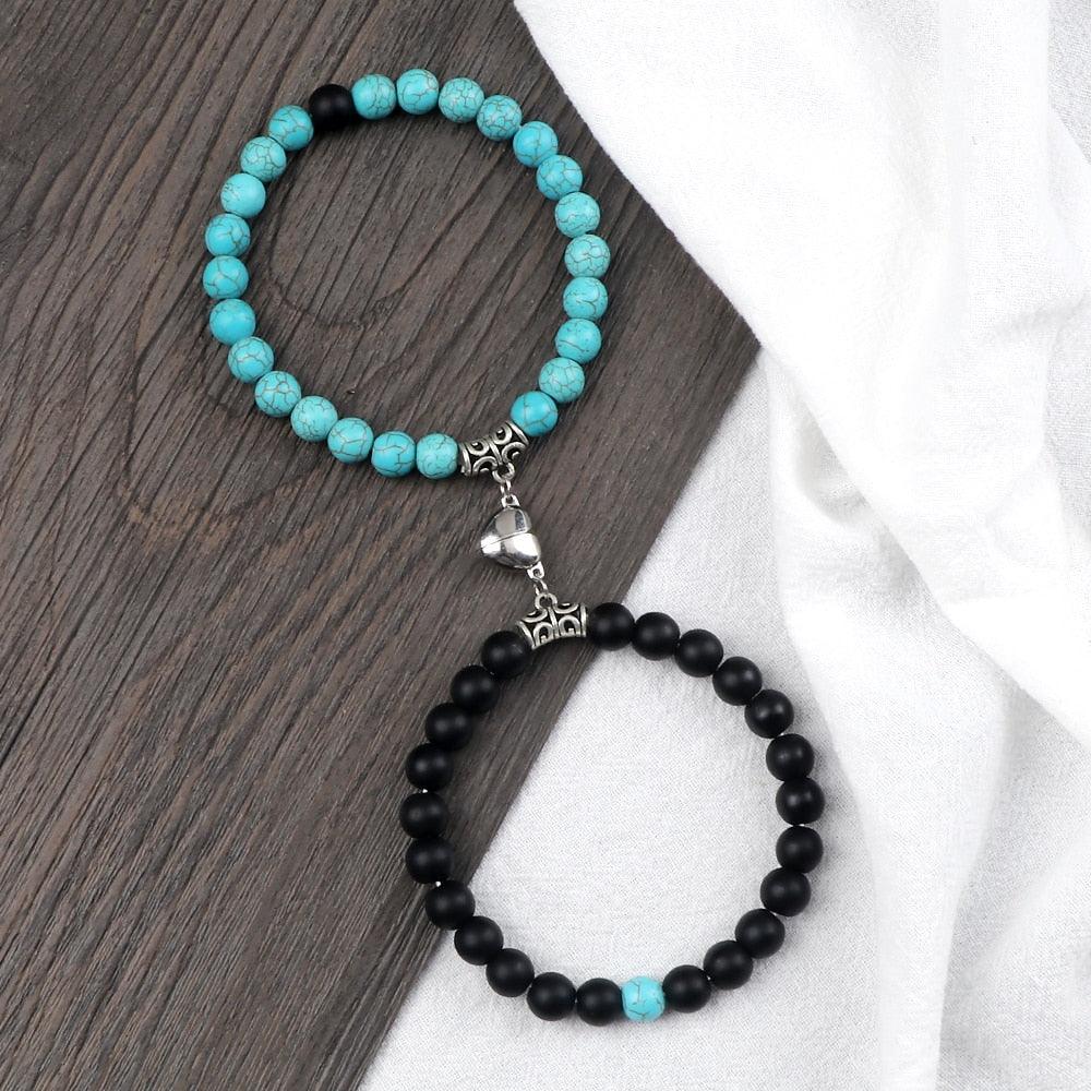 2 Pièces/Ensemble Bracelet Magnétique en Forme de Cœur pour Couples, Bijou Significant en Pierre Naturelle, Bracelet Élastique de Thérapie par Champ Magnétique pour Couples, Bracelets en Pierre Mate pour Femme, Idéal pour Petite Amie