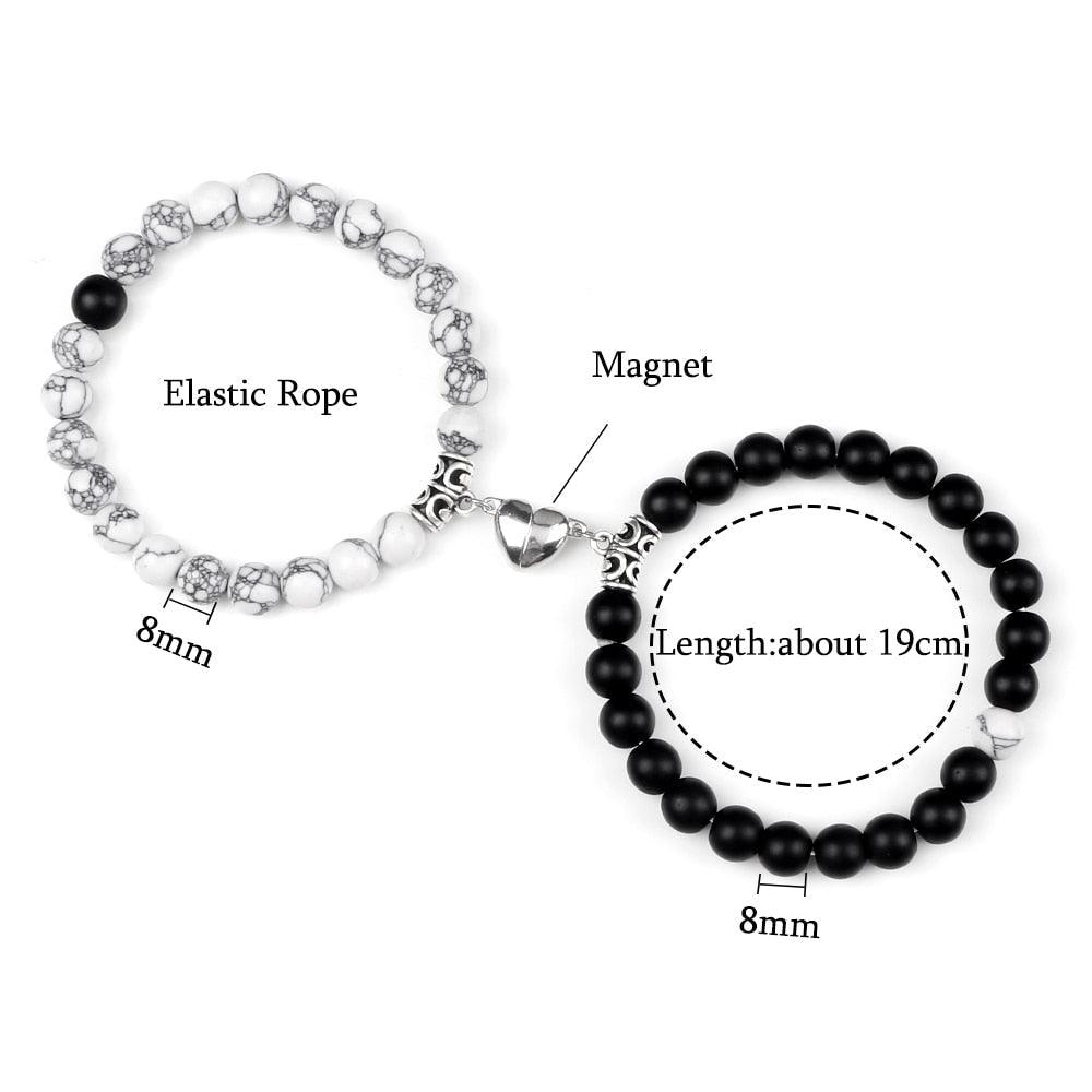 2 Pièces/Ensemble Bracelet Magnétique en Forme de Cœur pour Couples, Bijou Significant en Pierre Naturelle, Bracelet Élastique de Thérapie par Champ Magnétique pour Couples, Bracelets en Pierre Mate pour Femme, Idéal pour Petite Amie
