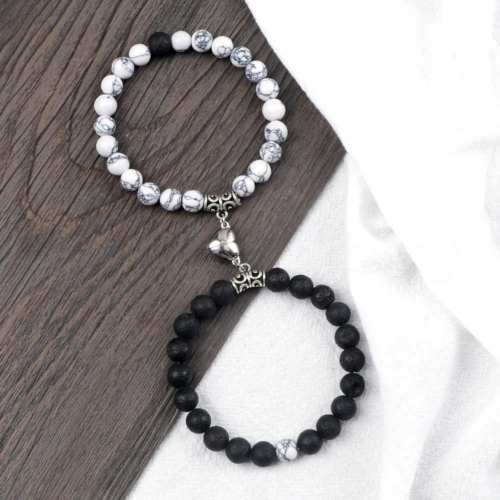 2 Pièces/Ensemble Bracelet Magnétique en Forme de Cœur pour Couples, Bijou Significant en Pierre Naturelle, Bracelet Élastique de Thérapie par Champ Magnétique pour Couples, Bracelets en Pierre Mate pour Femme, Idéal pour Petite Amie