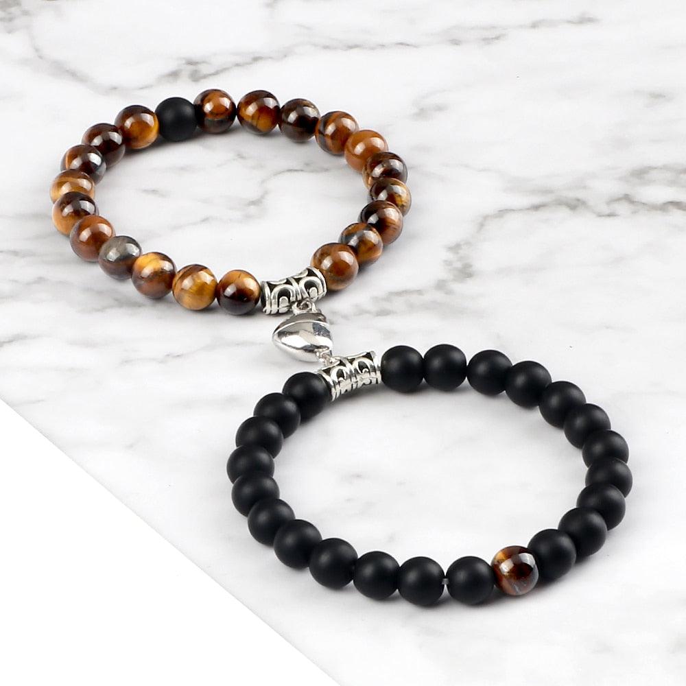 2 Pièces/Ensemble Bracelet Magnétique en Forme de Cœur pour Couples, Bijou Significant en Pierre Naturelle, Bracelet Élastique de Thérapie par Champ Magnétique pour Couples, Bracelets en Pierre Mate pour Femme, Idéal pour Petite Amie