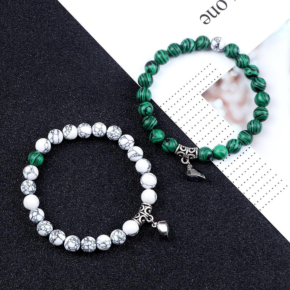 2 Pièces/Ensemble Bracelet Magnétique en Forme de Cœur pour Couples, Bijou Significant en Pierre Naturelle, Bracelet Élastique de Thérapie par Champ Magnétique pour Couples, Bracelets en Pierre Mate pour Femme, Idéal pour Petite Amie