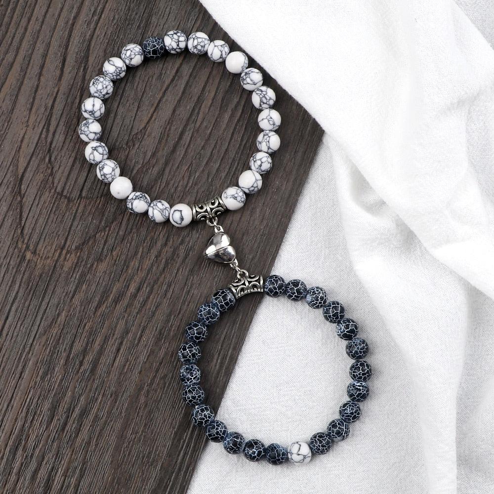 2 Pièces/Ensemble Bracelet Magnétique en Forme de Cœur pour Couples, Bijou Significant en Pierre Naturelle, Bracelet Élastique de Thérapie par Champ Magnétique pour Couples, Bracelets en Pierre Mate pour Femme, Idéal pour Petite Amie
