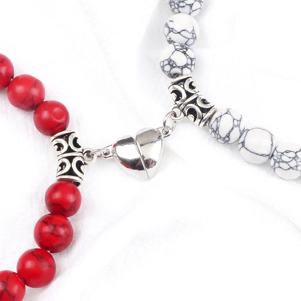 2 Pièces/Ensemble Bracelet Magnétique en Forme de Cœur pour Couples, Bijou Significant en Pierre Naturelle, Bracelet Élastique de Thérapie par Champ Magnétique pour Couples, Bracelets en Pierre Mate pour Femme, Idéal pour Petite Amie