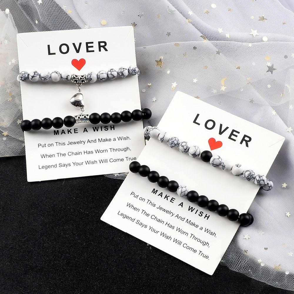 2 Pièces/Ensemble Bracelet Magnétique en Forme de Cœur pour Couples, Bijou Significant en Pierre Naturelle, Bracelet Élastique de Thérapie par Champ Magnétique pour Couples, Bracelets en Pierre Mate pour Femme, Idéal pour Petite Amie