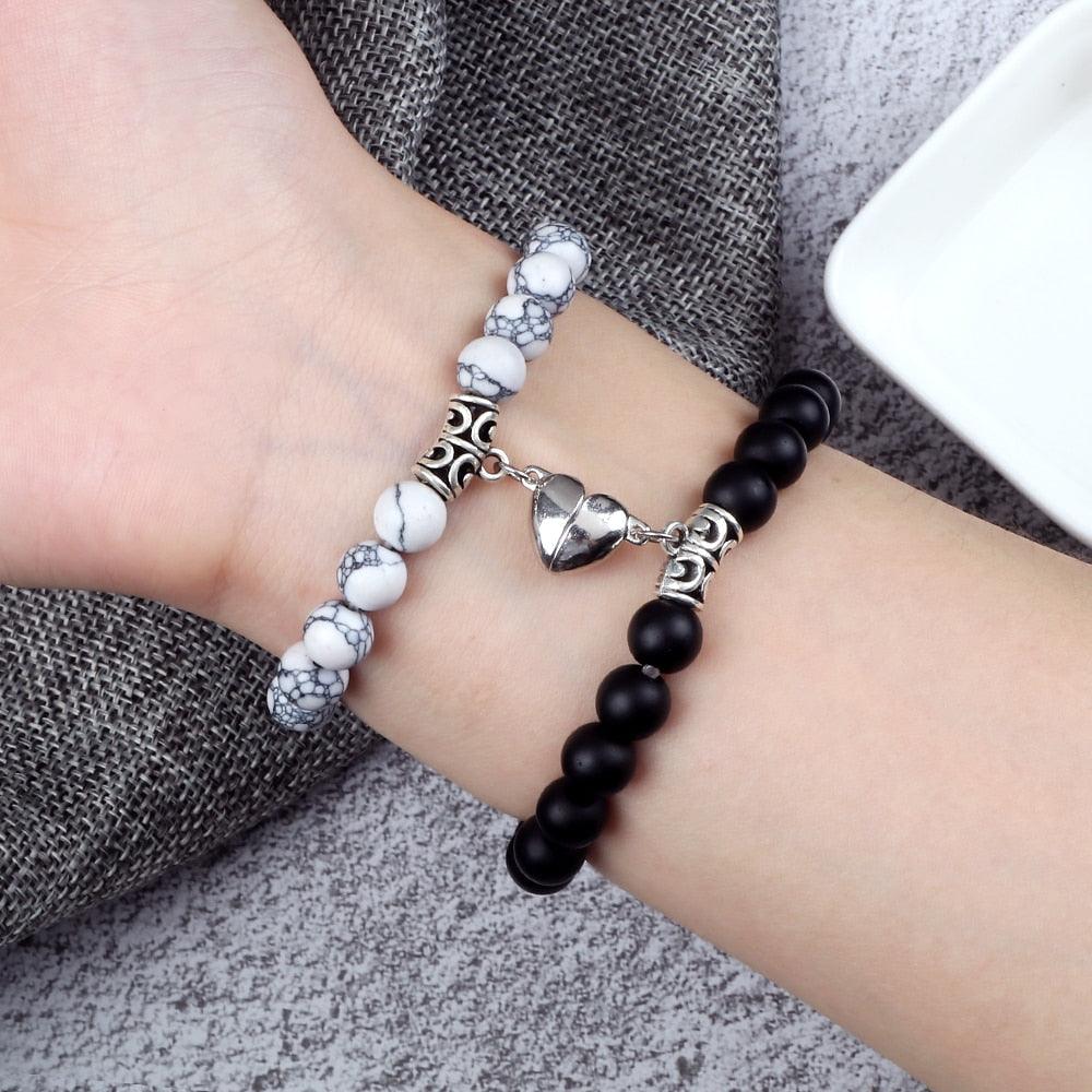 2 Pièces/Ensemble Bracelet Magnétique en Forme de Cœur pour Couples, Bijou Significant en Pierre Naturelle, Bracelet Élastique de Thérapie par Champ Magnétique pour Couples, Bracelets en Pierre Mate pour Femme, Idéal pour Petite Amie