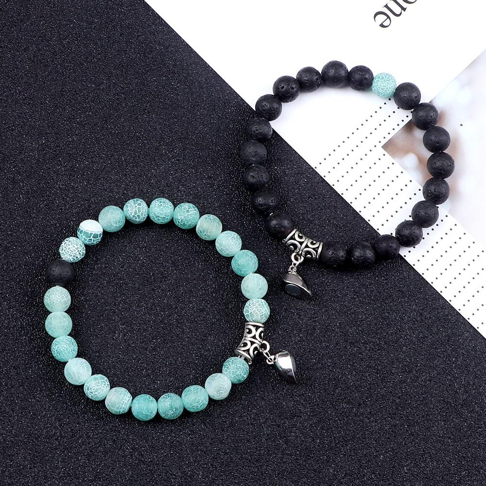 2 Pièces/Ensemble Bracelet Magnétique en Forme de Cœur pour Couples, Bijou Significant en Pierre Naturelle, Bracelet Élastique de Thérapie par Champ Magnétique pour Couples, Bracelets en Pierre Mate pour Femme, Idéal pour Petite Amie