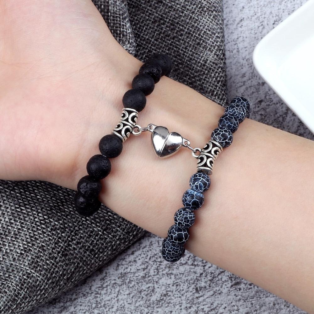 2 Pièces/Ensemble Bracelet Magnétique en Forme de Cœur pour Couples, Bijou Significant en Pierre Naturelle, Bracelet Élastique de Thérapie par Champ Magnétique pour Couples, Bracelets en Pierre Mate pour Femme, Idéal pour Petite Amie