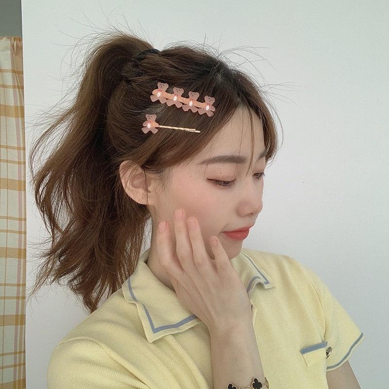 Lot de 2 barrettes à cheveux pour filles, motif ourson, couleur bonbon, accessoires de mode, pinces à cheveux douces, épingles latérales, bandeau, pour femmes