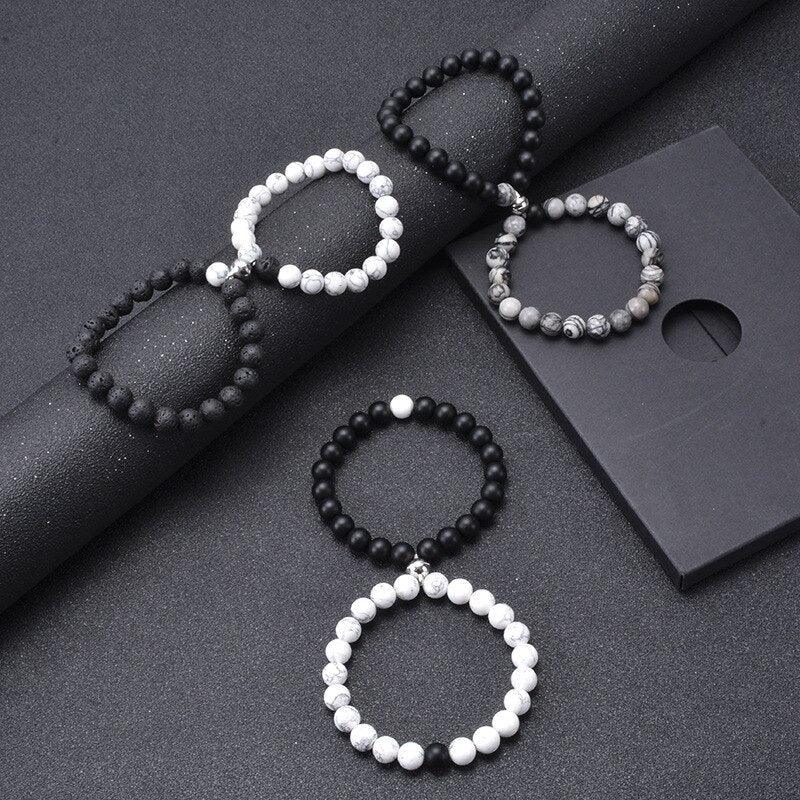 2 Pièces/ensemble Bracelets Magnétiques Couple Blanc Noir Pierre Naturelle Assortie Perles Magnétiques Bracelets Attractifs Amitié Relation Souhaits Cadeau Pour Femmes Hommes Lui Elle Meilleurs Amis