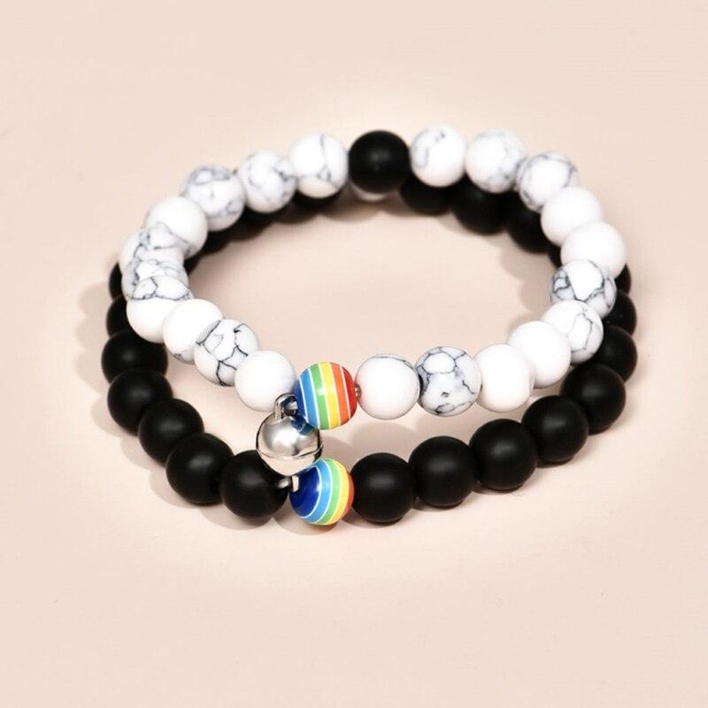 2 Pièces/ensemble Bracelets Magnétiques Couple Blanc Noir Pierre Naturelle Assortie Perles Magnétiques Bracelets Attractifs Amitié Relation Souhaits Cadeau Pour Femmes Hommes Lui Elle Meilleurs Amis