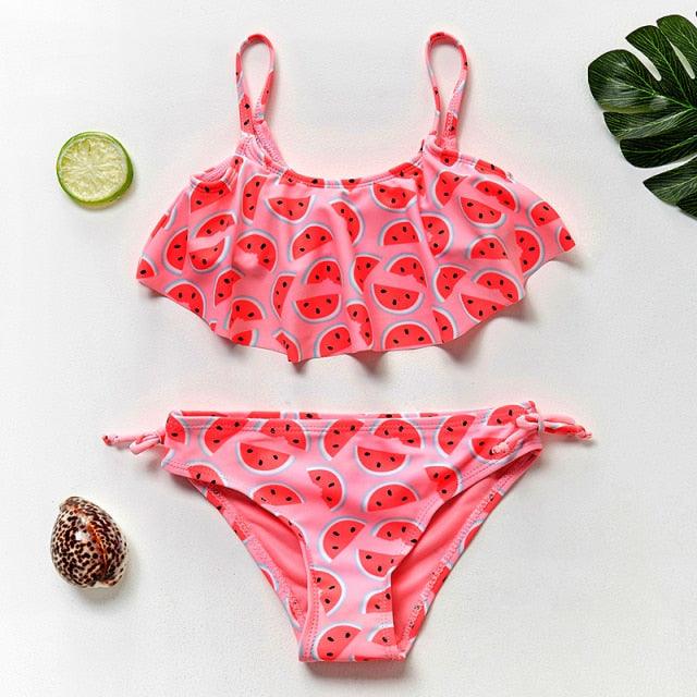 3-16 ans Maillot de bain deux pièces pour filles Motif dessin animé Volants Maillot de bain Bikini Set Épaule unique Tenue de plage Princesse Deux pièces Maillot de bain Maillot de bain enfant Filles Maillot de bain Bikini Set