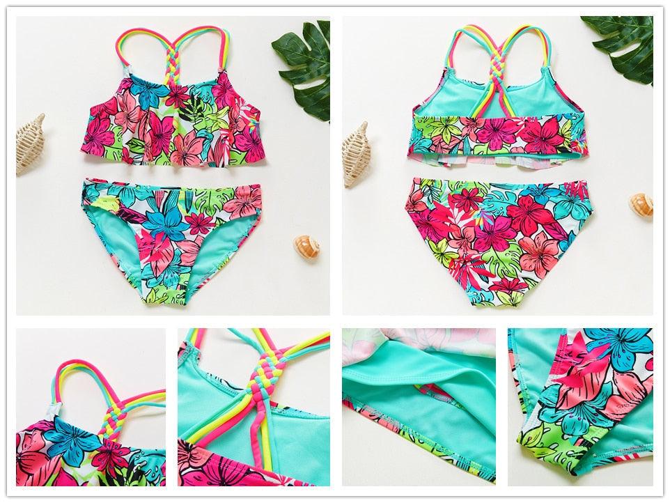 3-16 ans Maillot de bain deux pièces pour filles Motif dessin animé Volants Maillot de bain Bikini Set Épaule unique Tenue de plage Princesse Deux pièces Maillot de bain Maillot de bain enfant Filles Maillot de bain Bikini Set