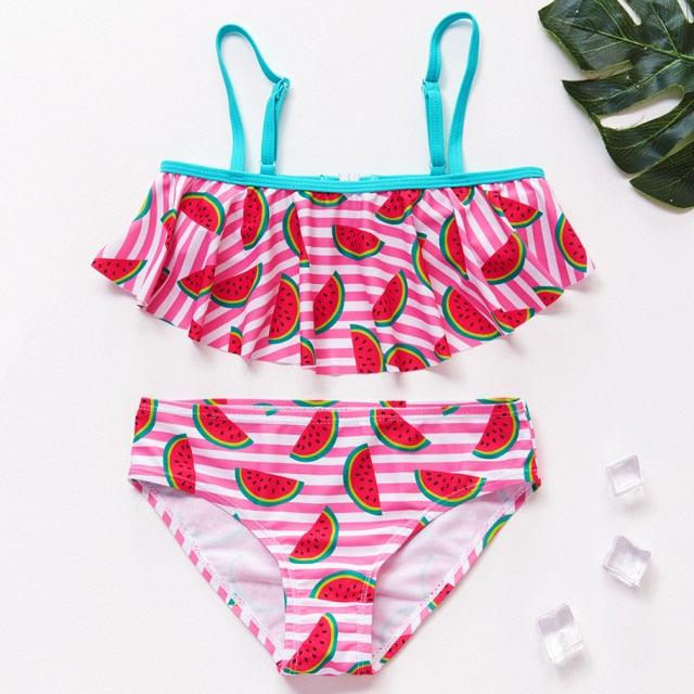 3-16 ans Maillot de bain deux pièces pour filles Motif dessin animé Volants Maillot de bain Bikini Set Épaule unique Tenue de plage Princesse Deux pièces Maillot de bain Maillot de bain enfant Filles Maillot de bain Bikini Set