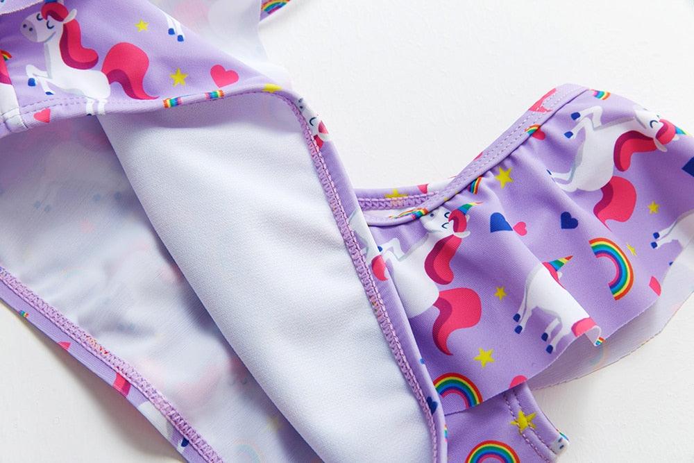 3-16 ans Maillot de bain deux pièces pour filles Motif dessin animé Volants Maillot de bain Bikini Set Épaule unique Tenue de plage Princesse Deux pièces Maillot de bain Maillot de bain enfant Filles Maillot de bain Bikini Set